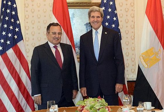 Egypt's Foreign Minister Fahmy meets with U.S. Secretary of State John Kerry in New York, September 22, 2013